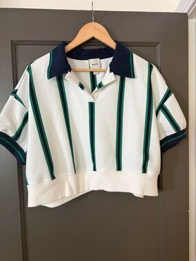 Maeve White Cropped Polo with Green & Navy Stripe Details